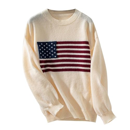 Jerséis para Mujer de Punto Informal de Manga Larga con Cuello Redondo y patrón de Bandera Nacional de Moda de otoño e Invierno para Mujer (S-Beige S)