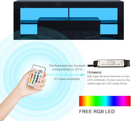 SONNI Lowboard Schwarz, TV Board Hochglanz, mit LED Beleuchtung, 12 Farben können eingestellt Werden, mit Klapptür, Glasregal, Griffloses Design, TV-Schrank, Fernsehtisch, TV-Regal, 140x35x50,5cm