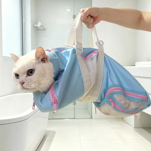 Image of Cinf Cat Nail Clipping Cleaning Grooming Restraint Bag （Free Muzzle） No Scratching Biting for Bathing Nail Trimming Injecting Examining((Sky Blue Blush,M)