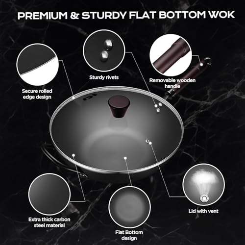 Image of FGJ Wok, 13 Inch Carbon Steel Woks & Stir-fry Pans Nonstick | Pre-Seasoned 5.8QT Flat Bottom Chinese Wok Paella Pan with lid,PFOA /PTFE free Cookware Compatible with All Cooktops