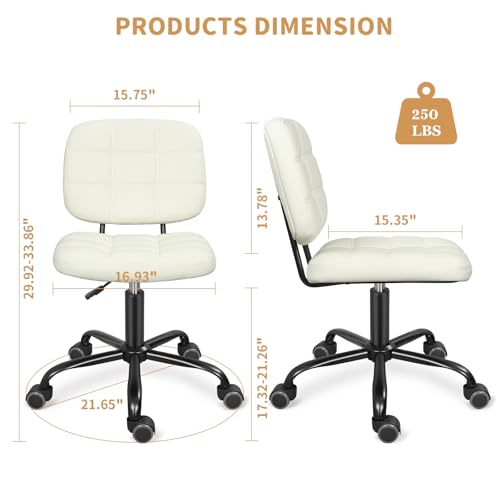 Image of Armless Office Chair with Wheels, Small Desk Chair with Wheels - White