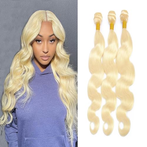 Nuailisex Color #613 Blonde Body Wave Bundles Human Hair Honey Blonde Bundles 12 14 16 inch Double Weft Hair Weave #613 Body Wave Bundles Brazilian Unprocessed Virgin Remy Hair Extensions