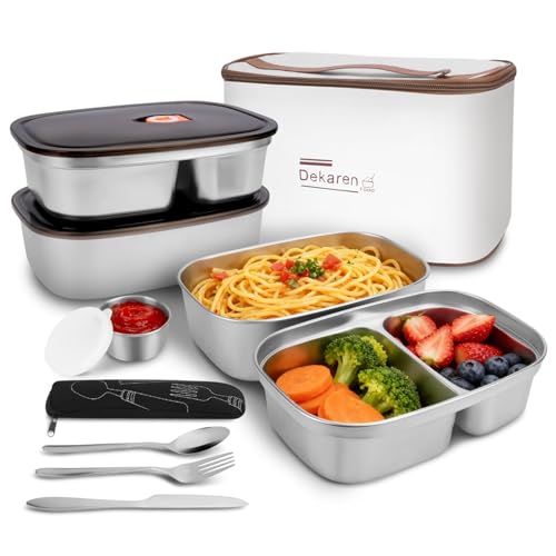 WRENYZK Stainless Steel Lunch Box 2pcs, 1.4L+1.7L Leakproof 2-Compartment Metal Bento Boxs, Lightweight Snack Box/Food Storage Containers with Lunch Bag and Cutlery Set for Adults and Kids Cutlery