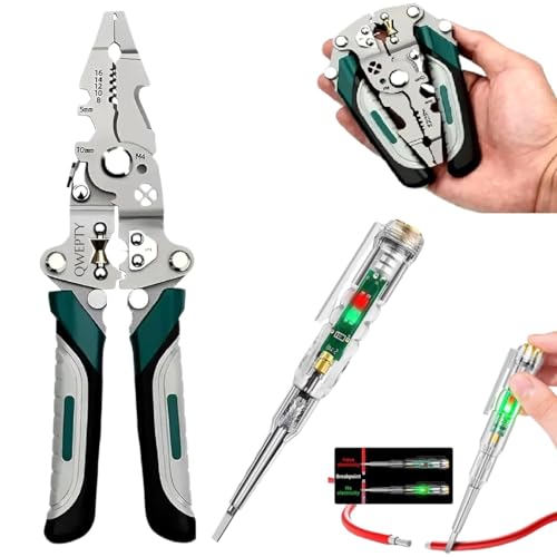 Image of QWEPTY 21-in-1 Multifunctional Stainless Steel Wire Cutter Foldable Wire Stripper Crimper Cable Cutter Pliers Non slip Grip for Cutting Electrical Stripping Tool Crimping Tool [LED Voltage Tester Pen]