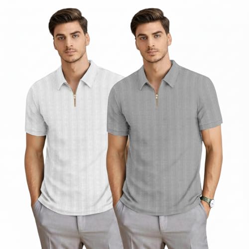 Image of MiraMichi Men's Polycotton Short Sleeve Casual Polo Collar T-Shirt - Lightweight Breathable Classic Polo for Everyday Comfort & Style