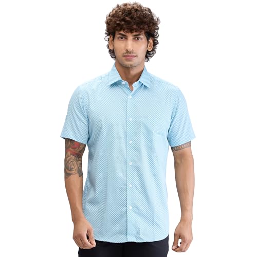Image of Colorplus Men's Regular Fit Print Pattern Pure Cotton Plain Collar Half Sleeve Casual Shirt