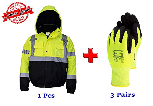 RK Safety WJ9012 Men's ANSI Class 3 High Visibility Bomber Safety Jacket, Waterproof & BGWANS Winter Insulated Double Lining Rubber Coated (One Jacket, 3 pair Gloves) (11L, Jacket (2XL) + Glove (L))