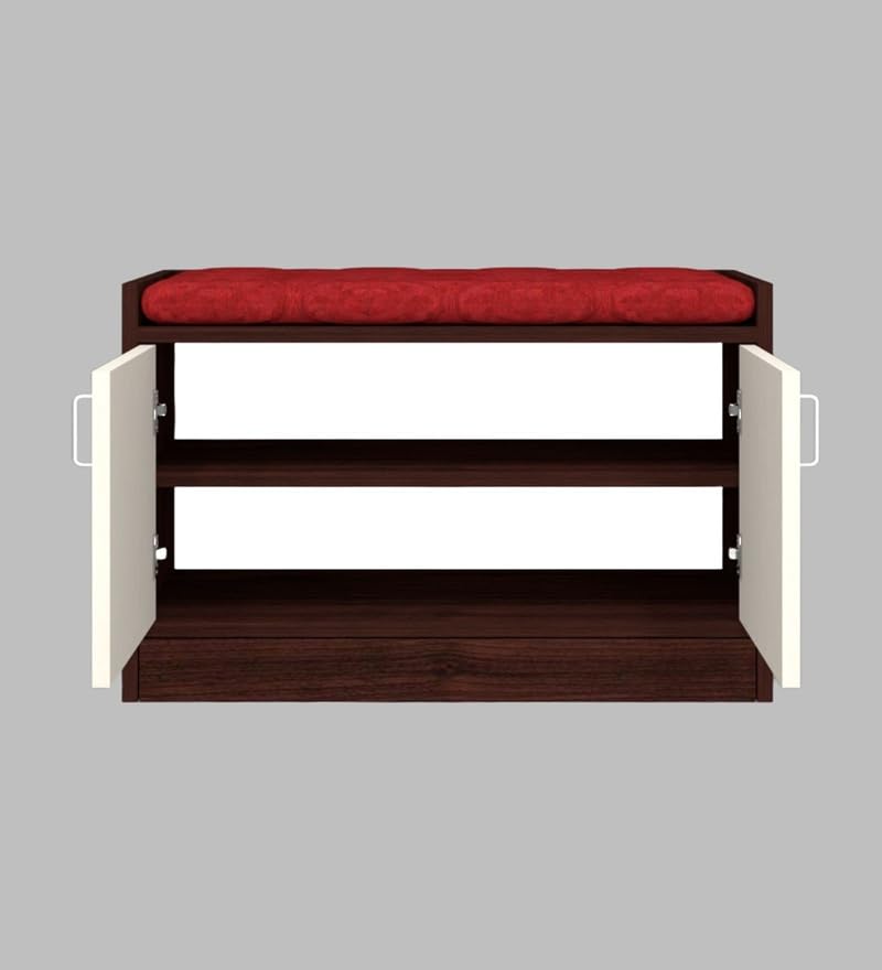 Image of 2 Door Wooden Shoe Rack with Cushioned Seating Bench for Entryway | Shoe Storage Cabinet with Doors for Home & Hallway | Space Saving Shoe Organizer Stand | Red Cushion Cream Brown | DIY Assembly