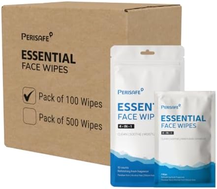 PERISAFE Essential Face Wipes Individually wrapped Sachet | 4-IN-1 | pH Balanced | Free from Alcohol, Paraben, Silicon |Pack of 100 Wipes