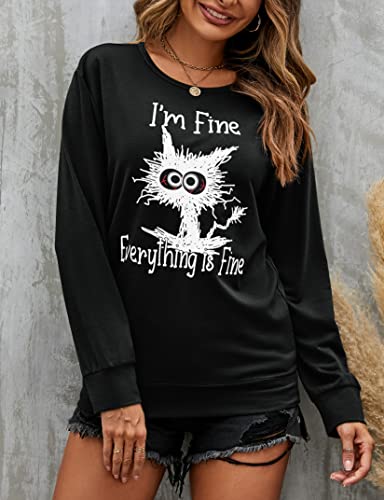 Joyjoy It's Fine I’m Fine Everything Is Fine Womens Sweatshirt, Loose Fit Crewneck Long Sleeve Shirts For Women Tunic Tops Black #TOP5