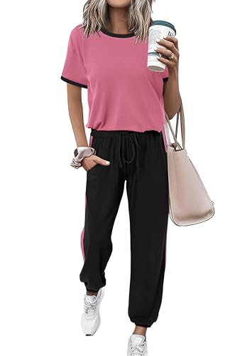 MASCOMODA Womens 2 Piece Outfits 2026 Summer Tracksuit Sets Short Sleeve Tops Travel Long Pants Jogger Lounge Set(Pink Black,Large)
