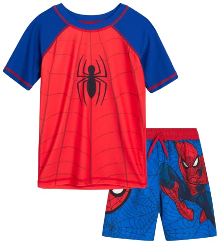 Image of Marvel Boys Rash Guard Set 2 Piece Hulk Spiderman Swim Shirt & Swim Trunks