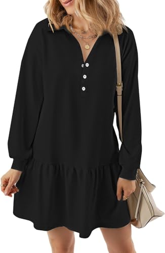 Women's Casual Dresses Long Sleeve Button V Neck Sweatshirt Dress Lapel Collared Pullover Dress