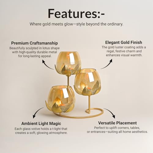 Image of MARKET 99 Metal + Glass 3 Votive Lotus T-Light Holder | Golden Decorative Candle Stand for Christmas, Diwali, Birthday & Wedding | Elegant Home Decor Tealight Holder for Festive Gifting