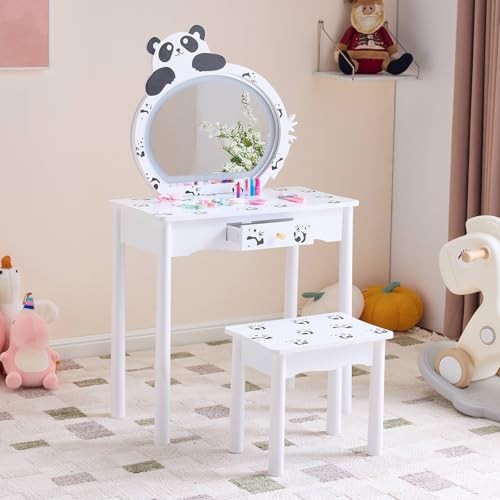 Image of Princess Vanity Table with Lights,Princess Makeup Vanity Desk with Storage Drawer, 2 in 1 Vanity Table & Chair Set with Mirror for Girls (Panda)