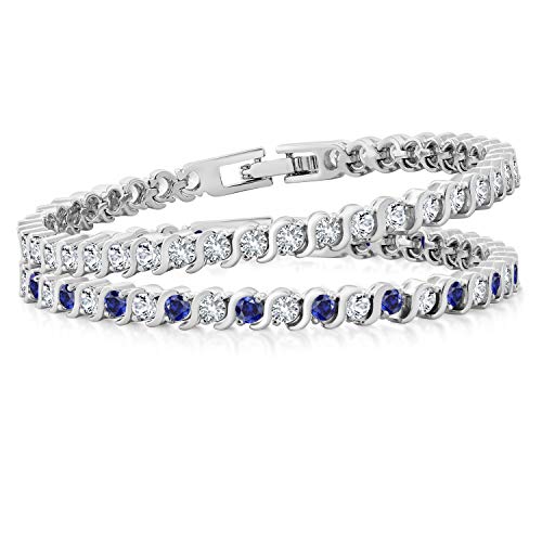 Gem Stone King 2 Piece Round White Cubic Zirconia and Simulated Blue Sapphire Set of 2 Tennis Bracelets for Women 4.50 Ct Each, 7 Inch Length