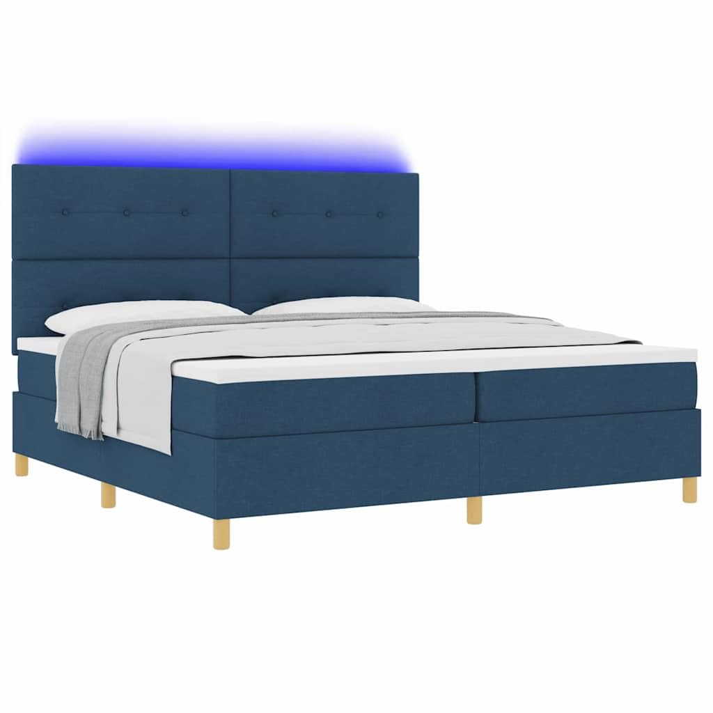 Cama con somier LED con colchón azul, 200 x 200 cm, tela, madera y marco de pino, tiras LED RGB, cabecero ajustable, somier, cómodo espacio para dormir para 2 personas