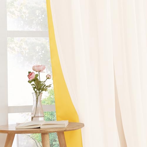 Image of PONY DANCE Blackout Curtains, 52 W by 84 L, Lemon Yellow, 2 Pieces | Curtains 84 inches Long with Sheer Overlay Nursery Panels for Bedroom /Living /Dining Room