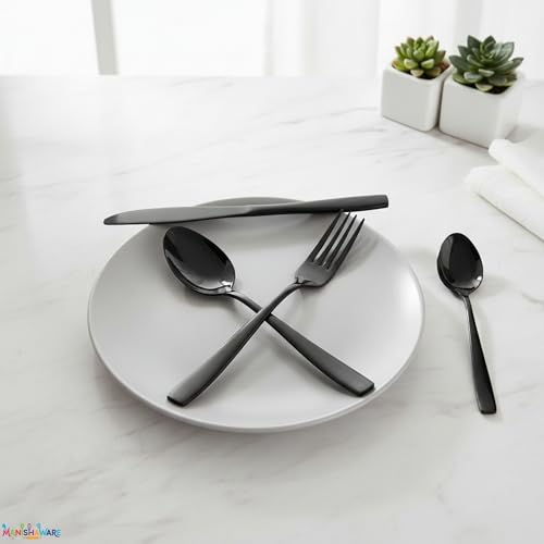 Image of Mirror Polished Black 8 Pcs Stainless Steel Cutlery Set for Dining Table, Dishwasher Safe Glossy Flatware (2 Spoon Set + 2 Forks Set + 2 Butter Knife + 2 Dessert Spoon)