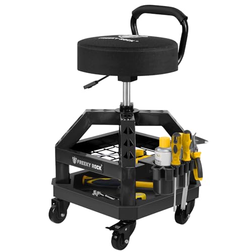 Image of Rolling Shop Stool with Wheels, Heavy Duty Garage Work Mechanic Stool with Backrest, Adjustable Height 360Swivel Rolling Chair with Tool Tray Storage, 330 LBS Capacity, Black