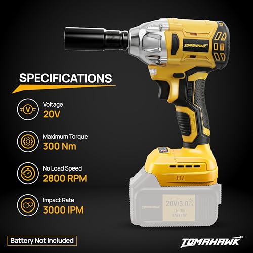 Image of Tomahawk TIW-85B 20V Cordless Impact Wrench (No Battery), 300Nm Torque, 2800 RPM, inch Square Drive + inch Hex Socket, Brushless Motor, LED Light, Reversible