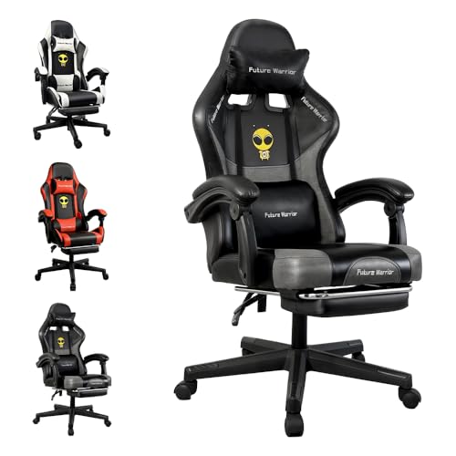 Future Warrior Ergonomischer Gaming-Stuhl mit Fußstütze, Kopfstütze und Lendenwirbelstütze Höhenverstellbarer gepolsterter Gaming-Stuhl PC-Sessel Drehstuhl Schwarz (Schwarz-Grau)