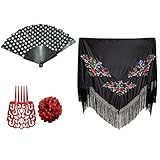 Pack Accesorios Flamenco para Mujer, Mantón con Flores Flamencos Sevillana para Fiesta de Baile, Pinzas de Pelo Tradicional, Abanicos en Diseño Flamenco (Pack Negro 4pcs)