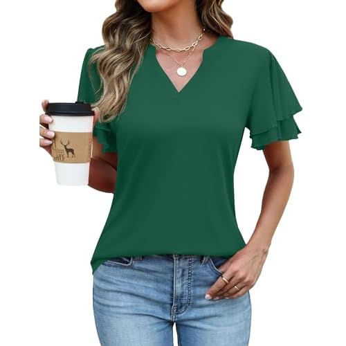 Rapbin Womens Tops Dressy Casual Ruffle Short Sleeve V Neck Blouses Summer Fashion Business Work Elegant Shirts Green X-Large