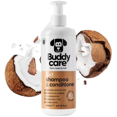 2in1 Hundeshampoo und Conditioner von Buddycare (500ml) - Praktisches Hundeshampoo langhaar und welpen Shampoo Mit Aloe Vera und Pro-Vitamin B5 Rückfettendes Shampoo Für Alle Hunderassen