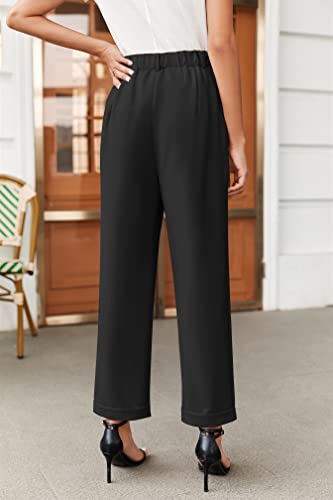 Febriajuce Women's High Elastic Waisted Dress Pants Button Down Pleated Work Pants Straight Leg Ankle Pants Office Trousers3