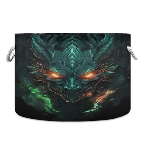 Round Green Fire Flame Dragon Storage Basket Large Organizer Bin Laundry Hamper Toy Storage Basket with Handle for Nursery Clothes Toys 202b5299