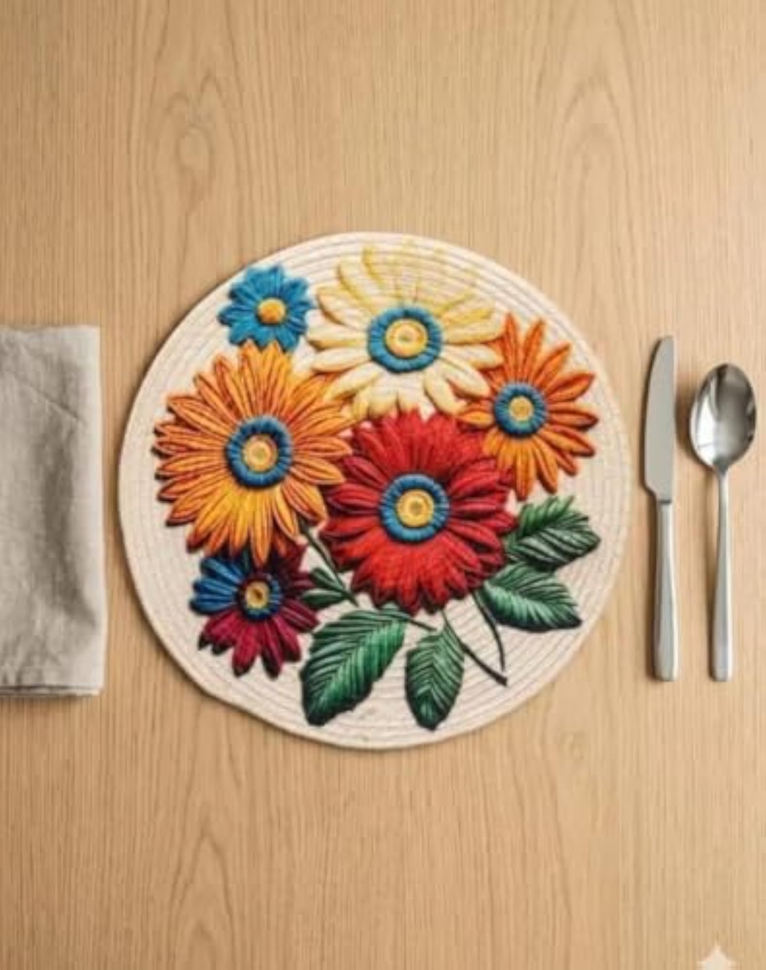 Round Floral Embroidered Placemat for Dining Table, Decorative Table Mat