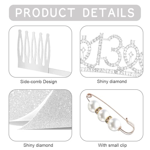 13th Birthday Sash and Tiara, Happy 13th Birthday Crown Birthday Gift for Girl, Teenager Thirteen Years Old Birthday Tiara Crowns for Girls Gift (Silver) - Image 3