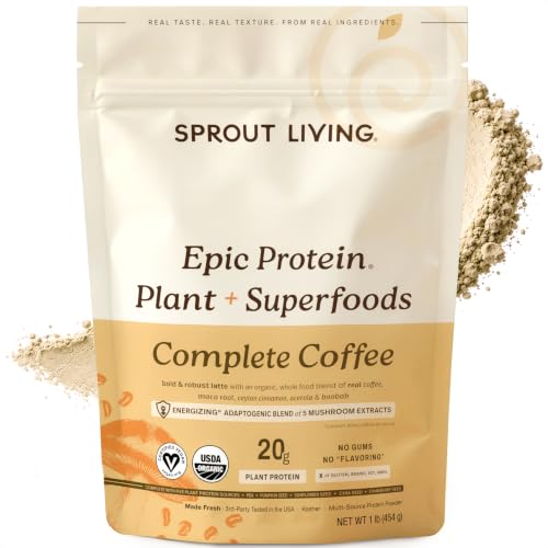 Image of Sprout Living, Epic Protein, Plant Based Protein & Superfoods Powder, Complete Coffee | 20 Grams Organic Protein Powder, Adaptogens, Mushrooms, Vegan, Non-GMO, Gluten Free (1 Pound, 12 Servings)