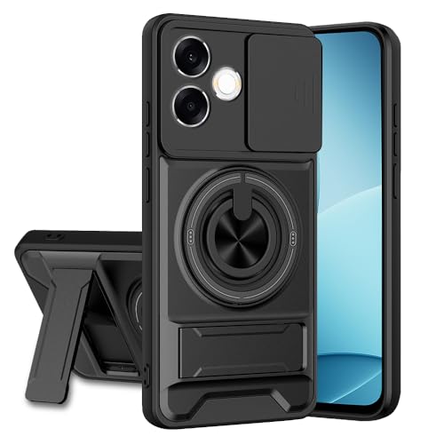 Image of Oppo F33 Pro 5G Back Cover | Armor Camera Slider 360 Degree Rotating Finger Ring Holder Case with Bracket Stand Back Case Cover (Compatible with MagSafe Accessories) (Black)