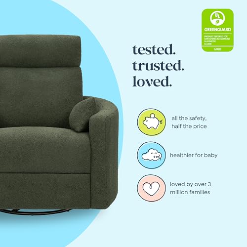 Image of Davinci Atlas Upholstered Recliner and Swivel Glider in Cozy Olive Boucle | Nursery Glider Chair with High Back, Padded Armrests, and Bolster Pillows | Smooth Recline for Nursing and Feeding