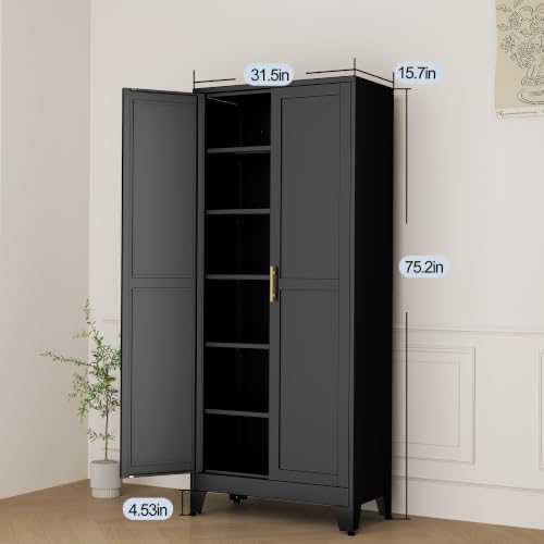 Image of Black Metal Storage Cabinet,75 inch Steel Cabinets for Home Office | Kitchen Pantry Storage Cabinet with Doors and 5 Adjustable Shelves, Tool Cabinets, for Office, Home, Garage, School