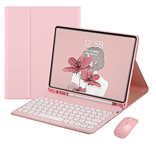 ワイヤレスマウス付き iPad6 iPad5 iPad Air2 Pro 9.7 キーボードケース カラフル 丸型キー レディース 可愛い iPad 第6世代 第5世代 アイパッド6 9.7インチ キーボードカバー bluetooth カラーキーボード,薄いピンク