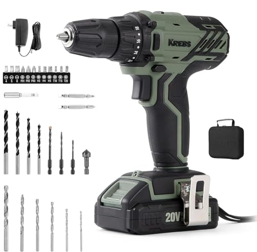 KREBS 20V Cordless Drill Set, 3/8-Inch Keyless Chuck, 2-Speed Settings, 18+1 Torque, 28pcs Drill Bits, 2.0Ah Battery & Fast Charger, LED Light, Ideal for Wood, Metal, and DIY Projects