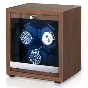 3 Watch Winder for Automatic Watches Wooden Automatic Watch Winder with Super Quiet Japanese Motor, 4 Rotation Mode, Blue LED Light, Memory Foam Pillows for Man & Woman