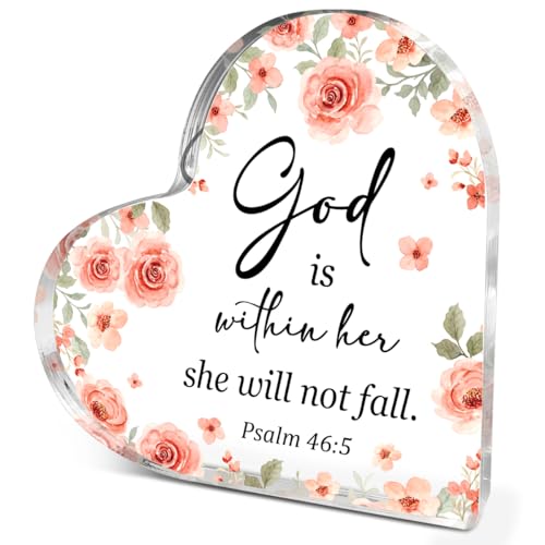 WTYBKS Christian Gifts for Women Girls,Religious Spiritual Gifts for Friends,God is Within Her She Will Not Fall,Psalm 465 Acrylic Heart Plaque Decorative Signs Ears that Li