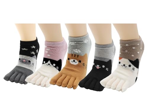 Image of Japanese Cat Design Toe Five Finger Socks (Set of 5 Pairs) Athletic No Show Split Toe Socks Colorful