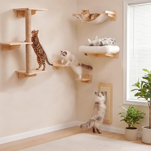 Cat Wall Shelves 6-in-1 Cat Wall Furniture Set for Large Cats Floating Wall Mounted Cat Climber with Steps Hammock Scratch Pad and Scratching Post Space Saving Cat Shelves for Indoor Cats