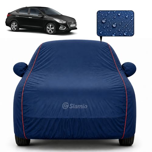 Image of Premium 100% Waterproof Car Cover for Hyundai's Verna 2017-2022 All-Weather, UV & Dust Protection | Heavy-Duty 3-Layer Fabric | Custom Fit with Mirror & Antenna Pockets | Navy Blue