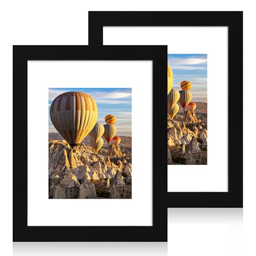 iRahmen 9x12 Picture Frame with Mat 6x8 - High Definition Tempered Glass Wooden Photo Frames for Tabletop Display and Wall Mounting (Pure Black, Set of 2)