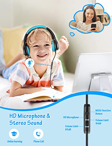 Image of Voopwink Kids Headphones with Microphone, Wired Over Ear Headsets with Limited Volume 85dB / 94dB for Boys Girls Teens Children Online School /Travel /iPad /Tablet /Cellphone