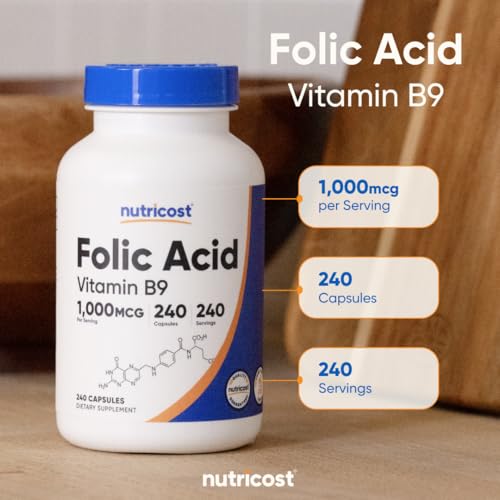 Image of Nutricost Folic Acid (Vitamin B9) 1000 mcg, 240 Capsules (Pack of 2)