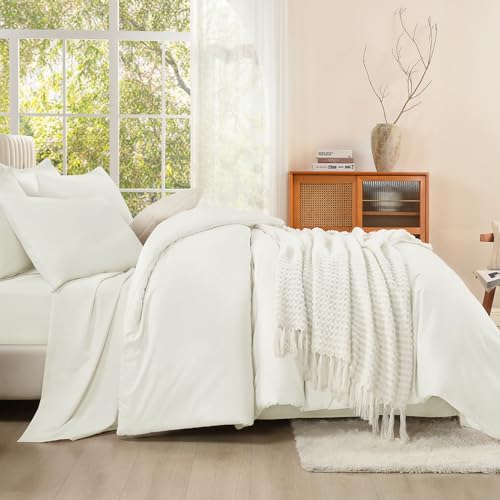Image of Litanika Super King Plus Comforter Sets Ivory - 7 Pieces Bed in a Bag Beddding Sets, Solid Lightweight Bed Set with Comforter, Sheets, Pillowcases & Shams