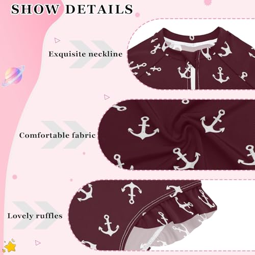 Anchor Shapes Red Ppattern Girls One Piece Rash Guard Swimsuit, Girls Long Sleeve Swimwear for 3-12Y4