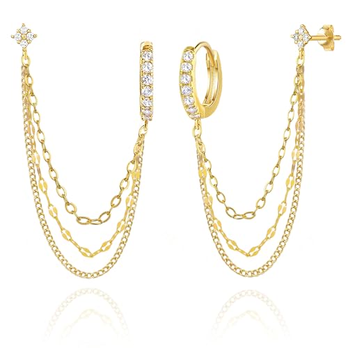 925 Sterling Silver Four Zircons Flower Stud Double Piercing Chain Earrings | Double Piercing Dangle Three Chains Hoop Earrings | Double Piercing Earrings Gifts Jewelry for Women